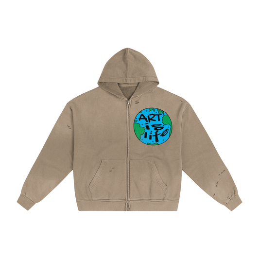 SAVE OUR ART SUNFADE DISTRESSED ZIP UP HOODIE