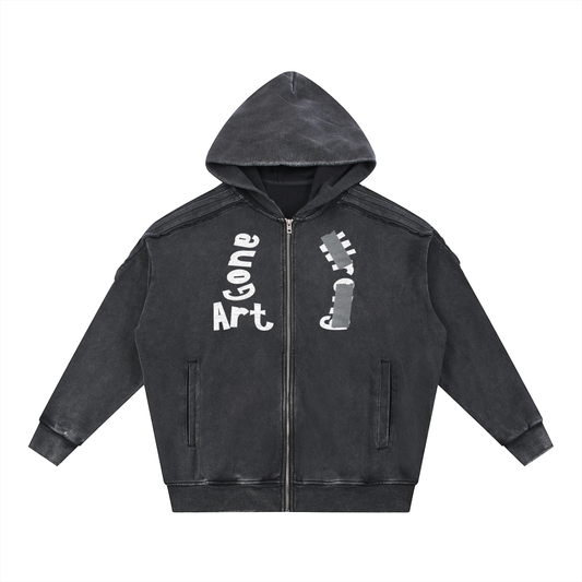 ART GONE WRONG SNOW WASHED RAW EDGE ZIP UP HOODIE