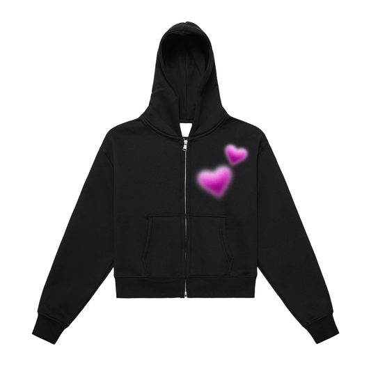 GLOWING HEARTS ZIP UP CROPPED HOODIE